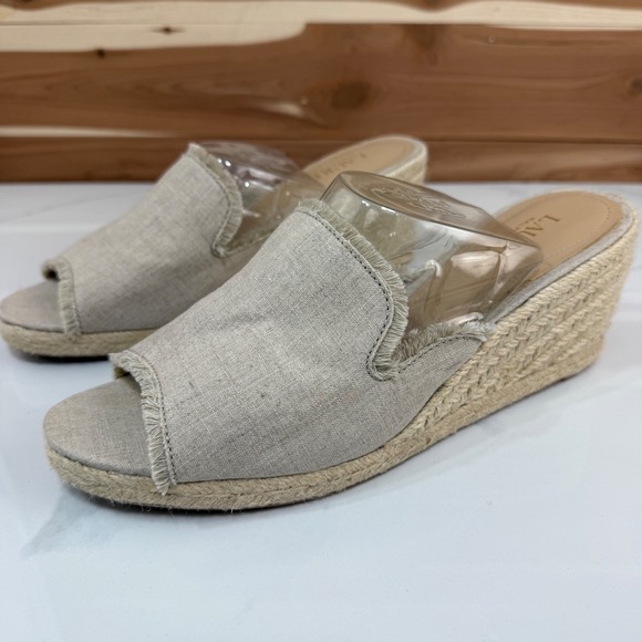 Lauren Ralph‎ Lauren Carlynda Beige Linen Wedge Espadrille Sandals Size 9.5B - Picture 1 of 9